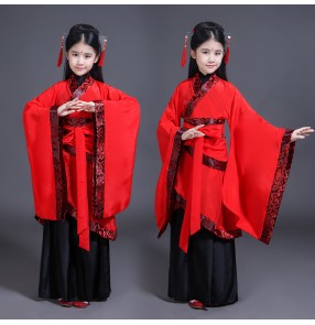 Children girls red hanfu princess fairy dresses chinese ancient folk clothes kids stage etiquette of the state hanbok performance suit